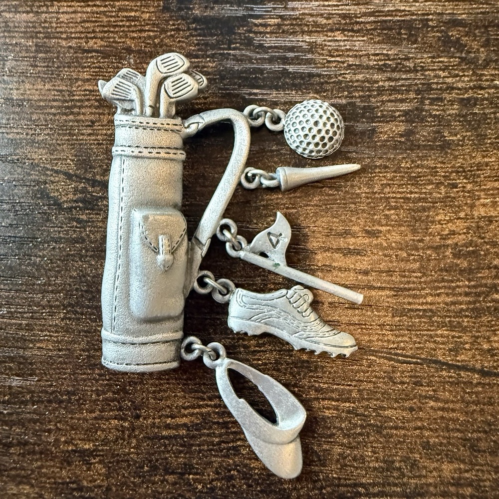 JJ Jonette Golf Themed Hanging Charms Pewter Brooch Pin